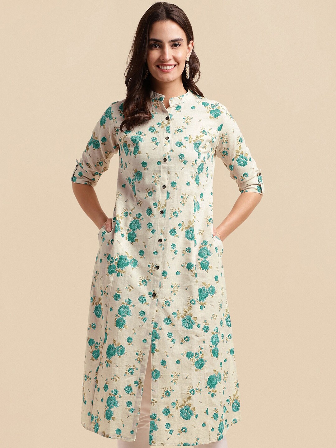

MIRCHI FASHION Floral Printed Mandarin Collar Roll-Up Sleeves A-Line Kurta, Cream