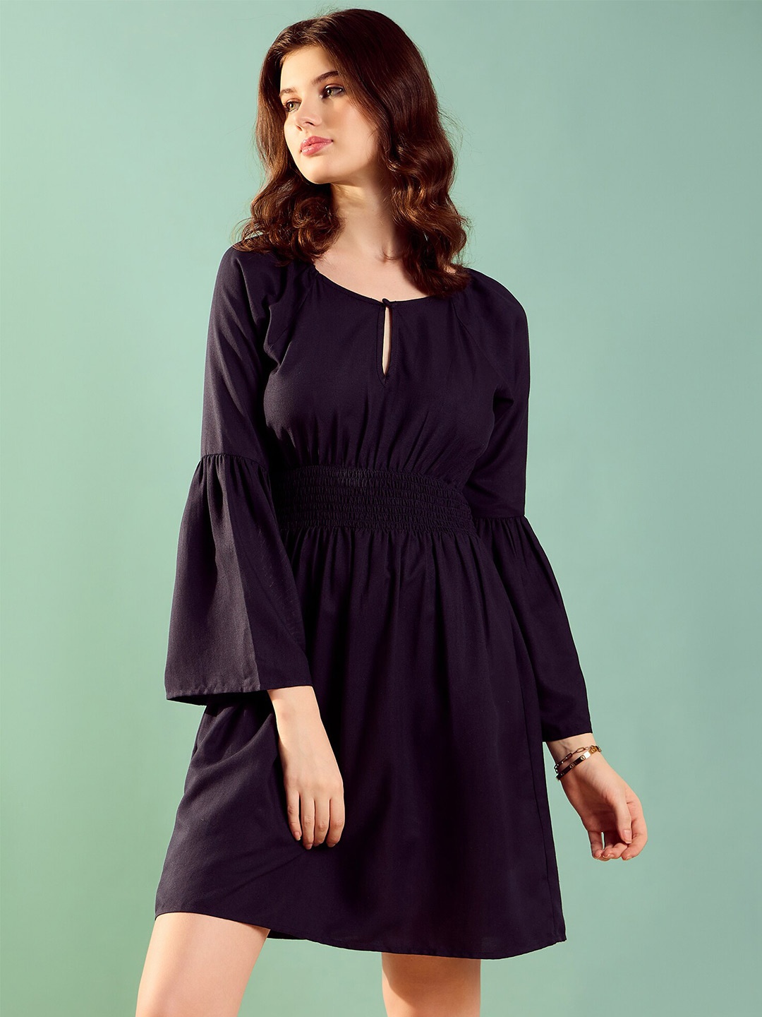 

KASSUALLY Key Hole Neck Bell Sleeves Smocked Cotton Fit & Flare Dress, Blue