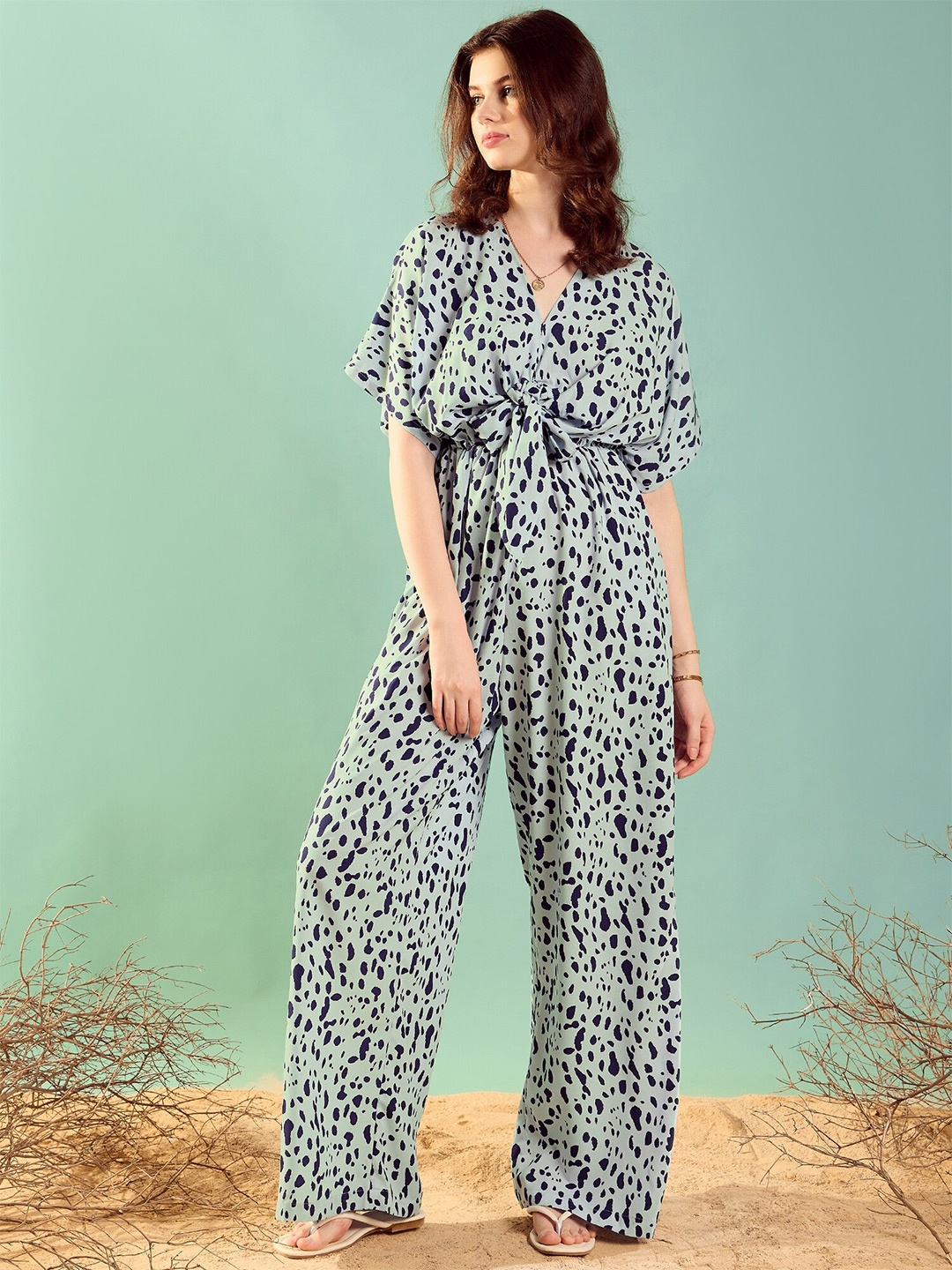 

KASSUALLY Abstract Printed V-Neck Basic Jumpsuit With Waist Tie-Ups, Navy blue