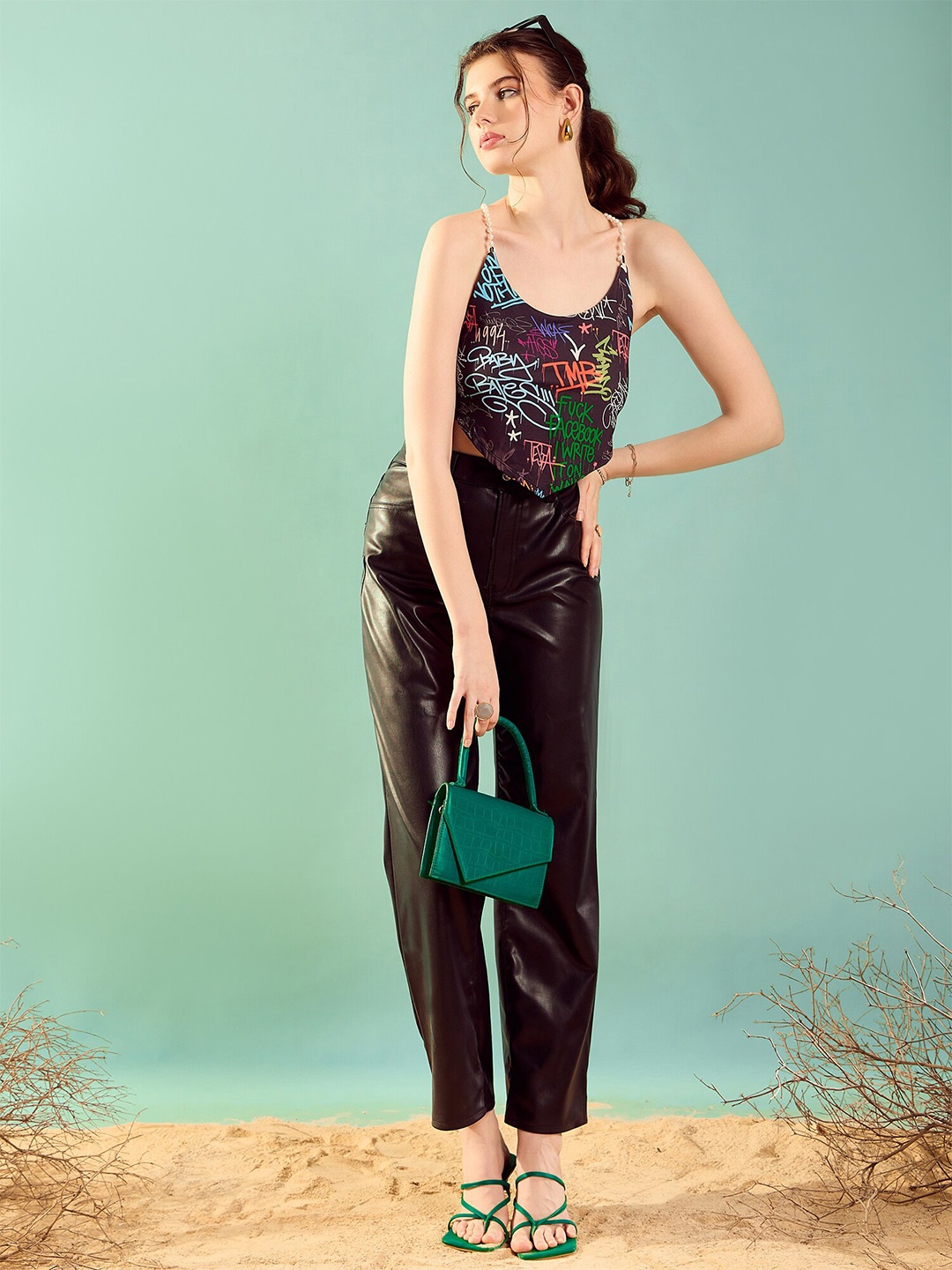 

KASSUALLY Black Typography Printed Shoulder Strap Bead Beaded Crop Styled Back Top