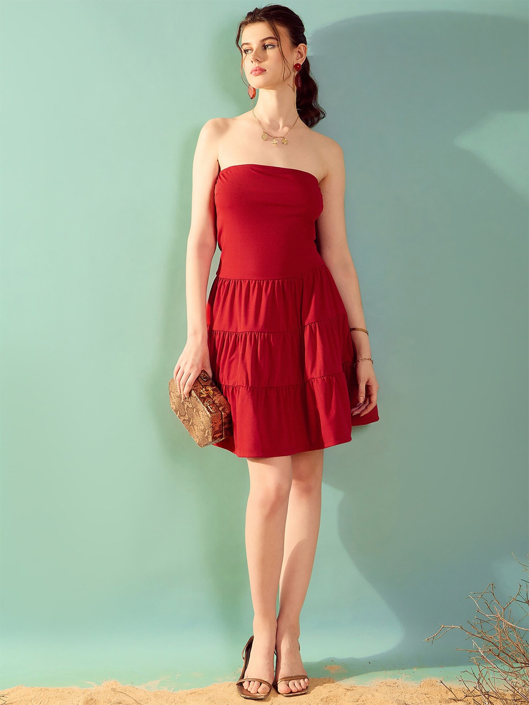 

KASSUALLY Strapless Tiered Fit & Flare Mini Dress, Red