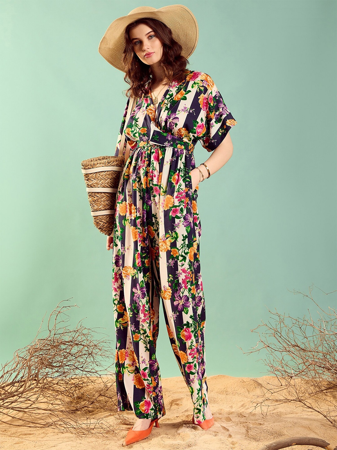 

KASSUALLY Floral Printed V-Neck Basic Jumpsuit, Blue