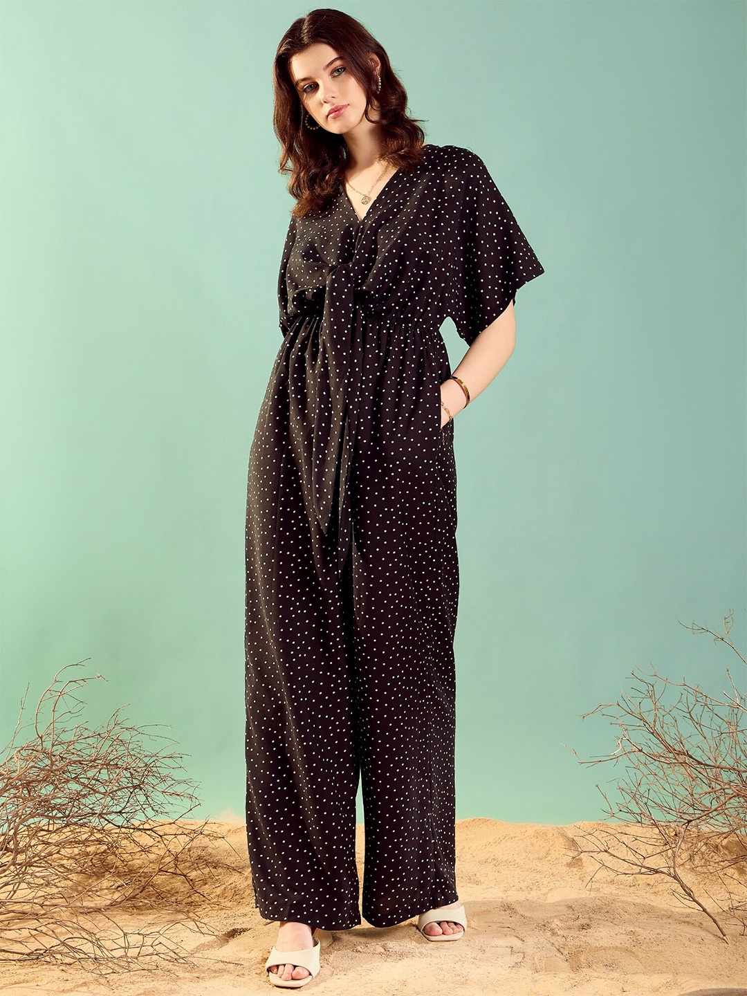 

KASSUALLY Polka Dots Printed Gathered V-Neck Basic Jumpsuit, Black