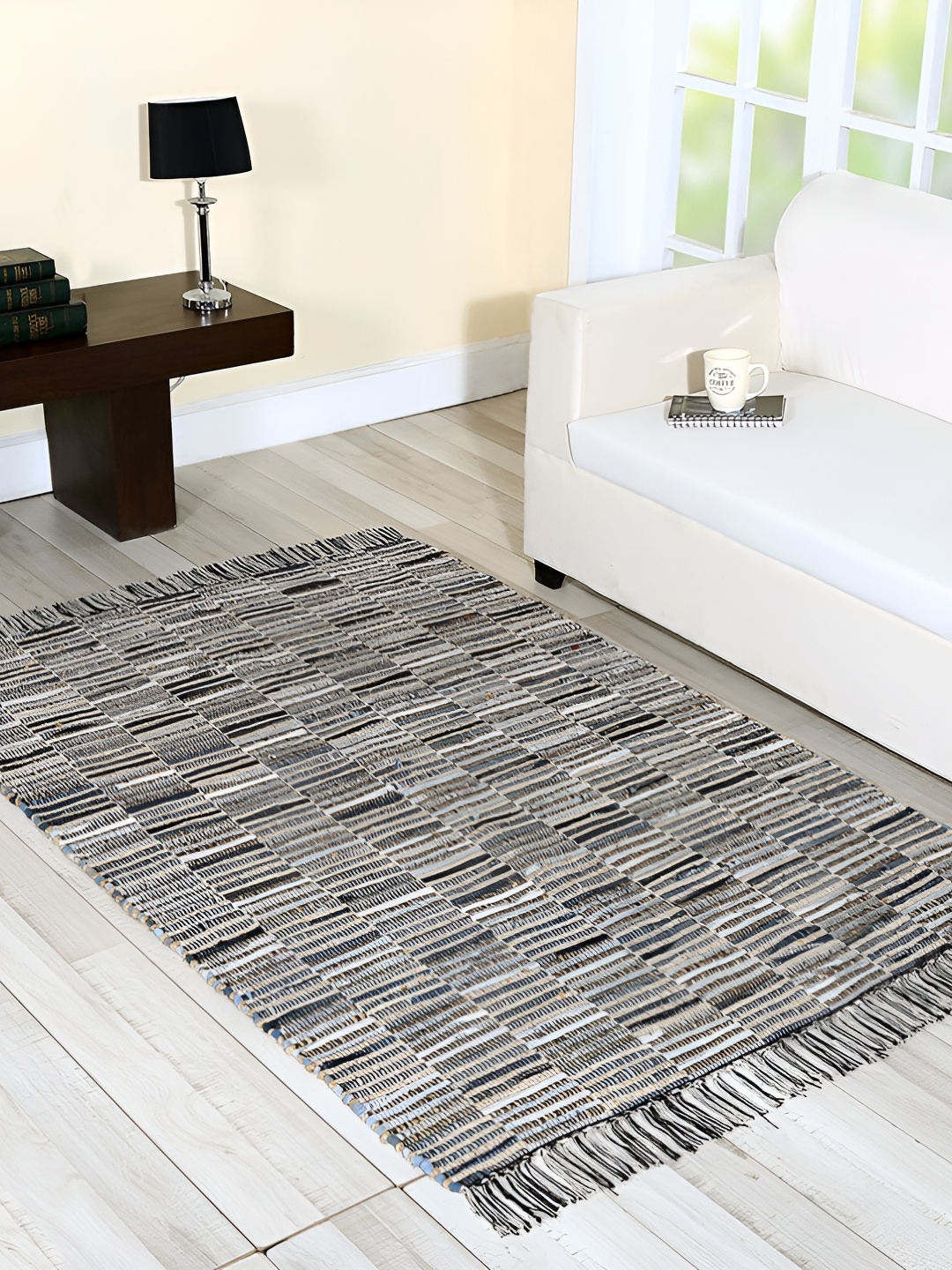 

bsb home Blue & Beige Abstract Anti-Skid Jute Rectangular Carpet