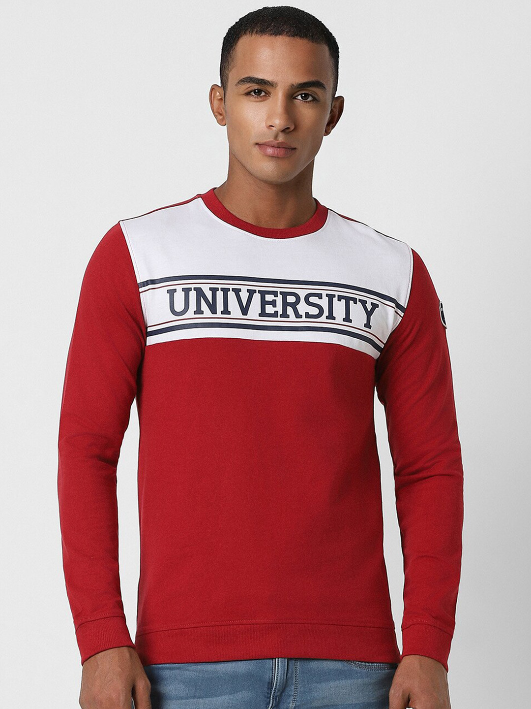 

PETER ENGLAND UNIVERSITY Colourblocked Typography Printed Pullover Sweatshirt, Red