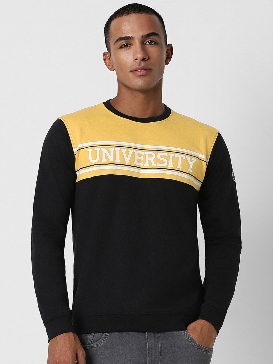 

PETER ENGLAND UNIVERSITY Typography Printed Colorblocked Pullover Sweatshirt, Black