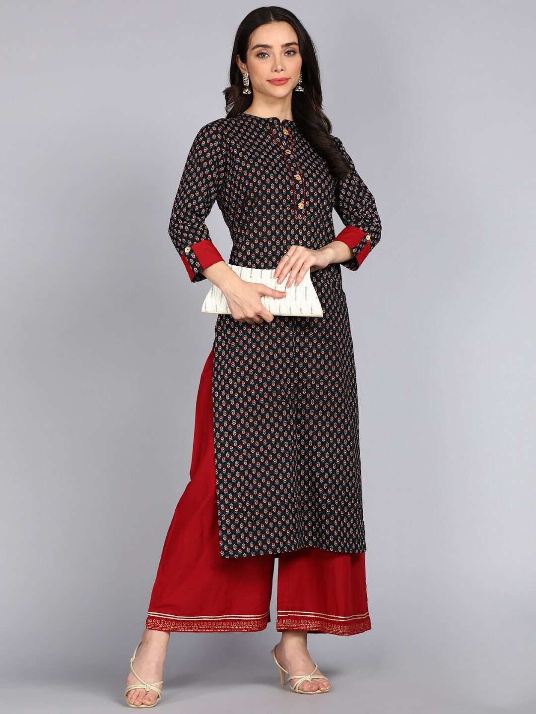 

ftDiva Floral Printed Mandarin Collar Pure Cotton Straight Kurta, Black