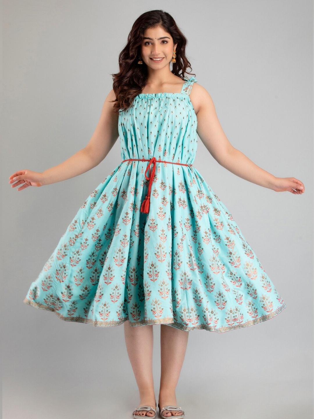 

ftDiva Floral Printed Gathered Fit & Flare Midi Ethnic Dress, Sea green