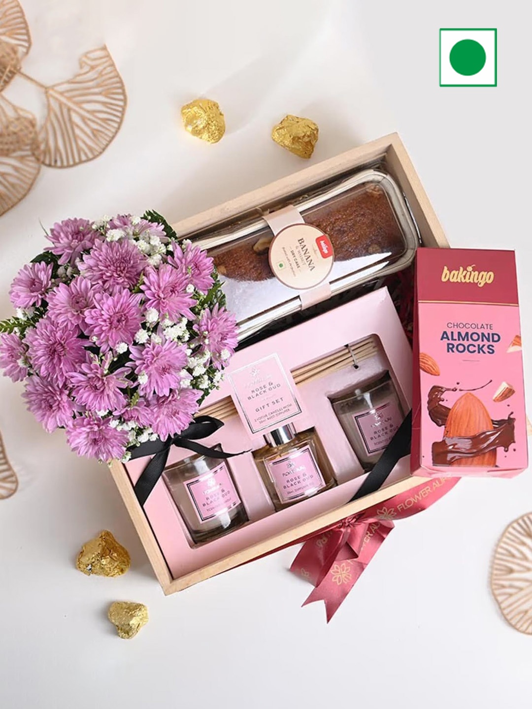 

Floweraura Hamper Fresh Stem of Daisy Flowers Diffuser Set Chocolate & Tea Cake-800 Gm, Purple