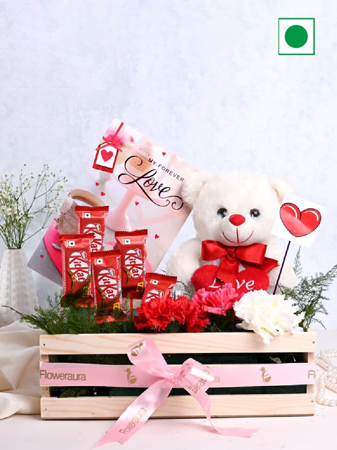 

Floweraura Set Of 4 Mix Carnations & Teddy Bear With KitKat Chocolates Assorted Gift Set, Red