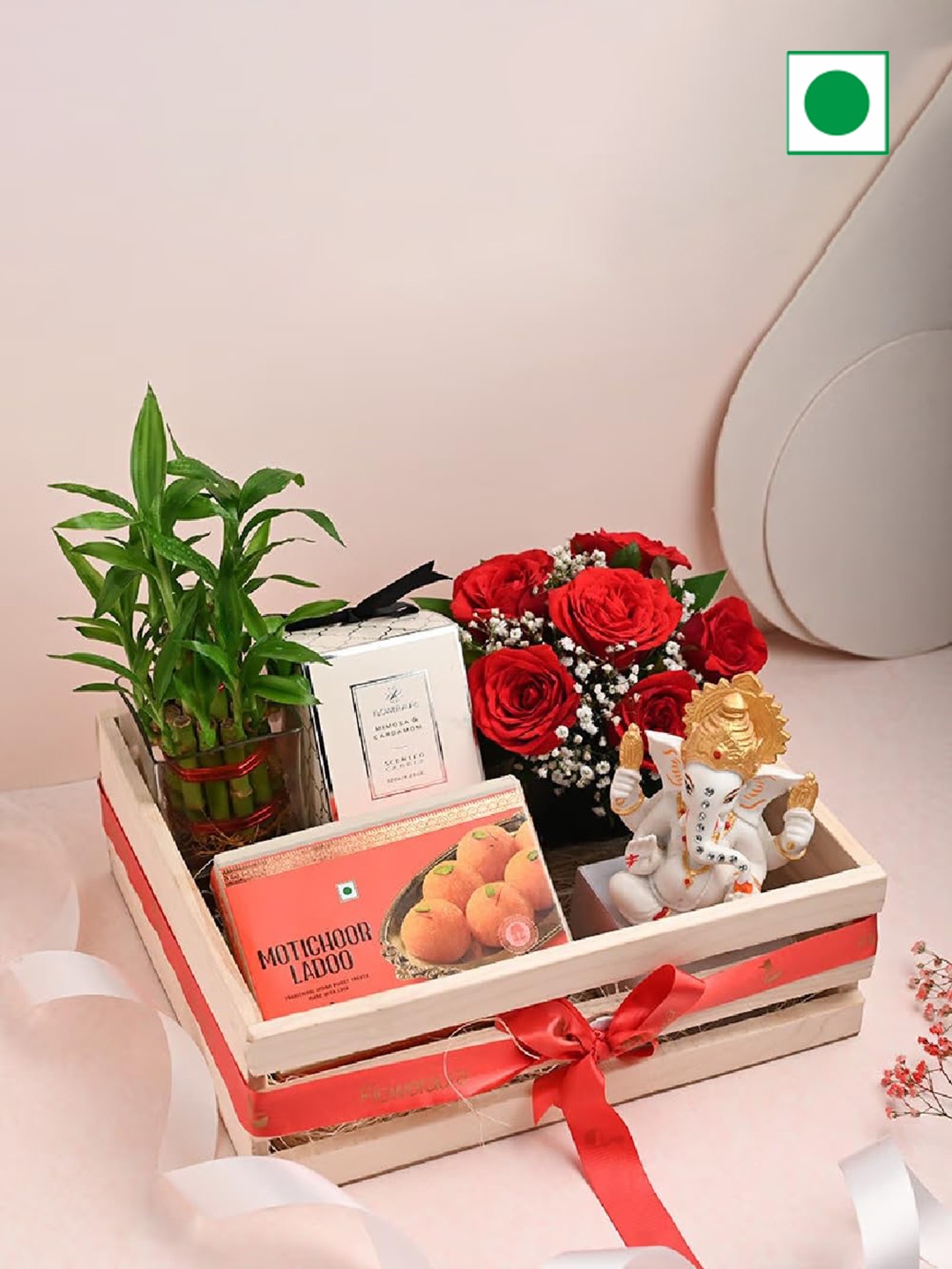 Floweraura 2 Layer Bamboo Plant 6 Roses Motichoor Ladoo Candle Ganesha Gift Hamper -00gm, Red