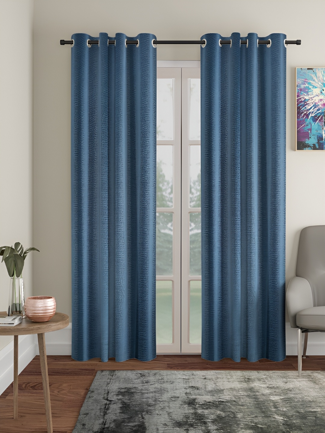 

HOSTA HOMES Blue 2 Pcs Self Design Black Out Long Door Curtains