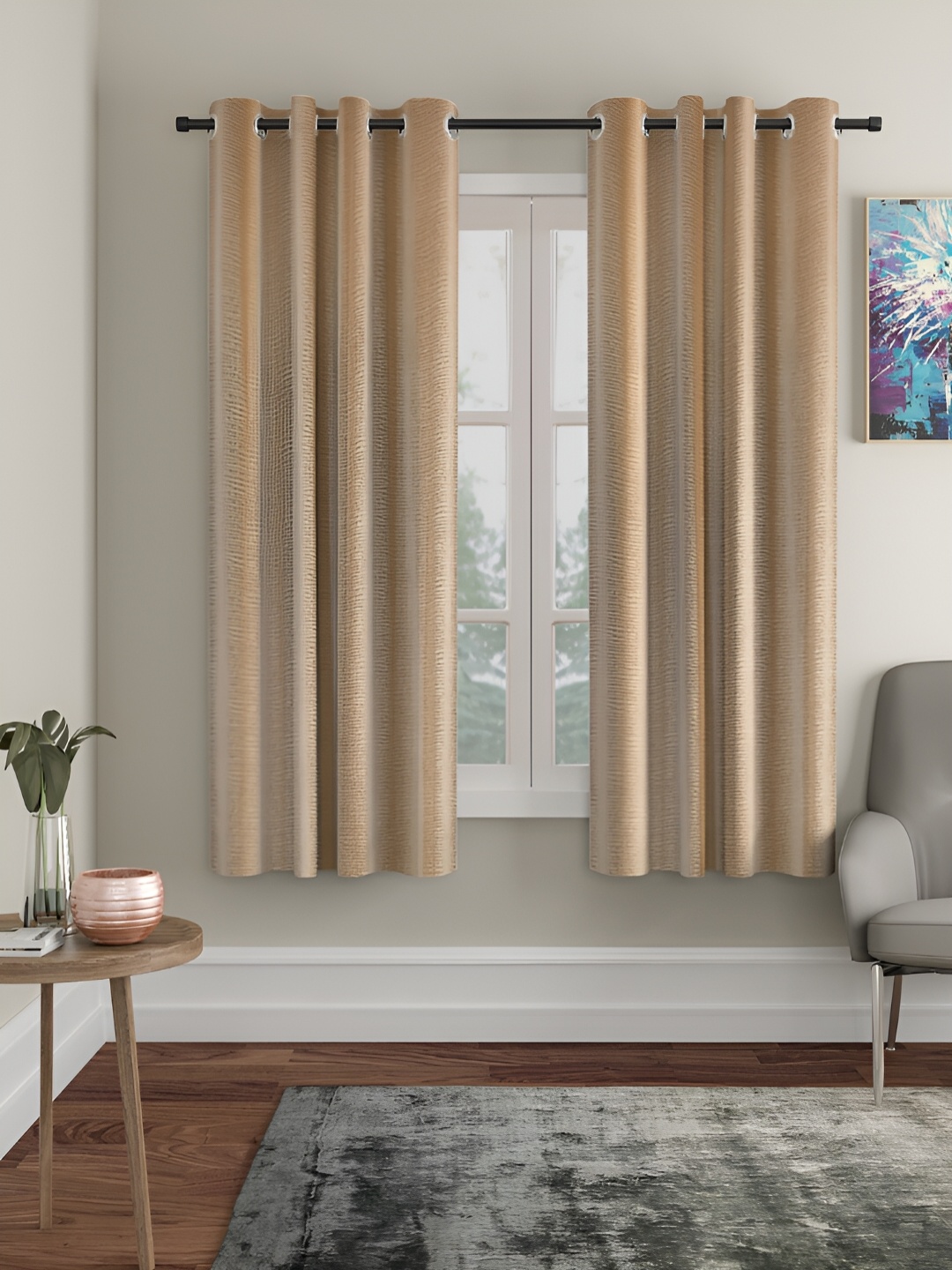 

HOSTA HOMES Beige 2 Pieces Self Design Black Out Window Curtains