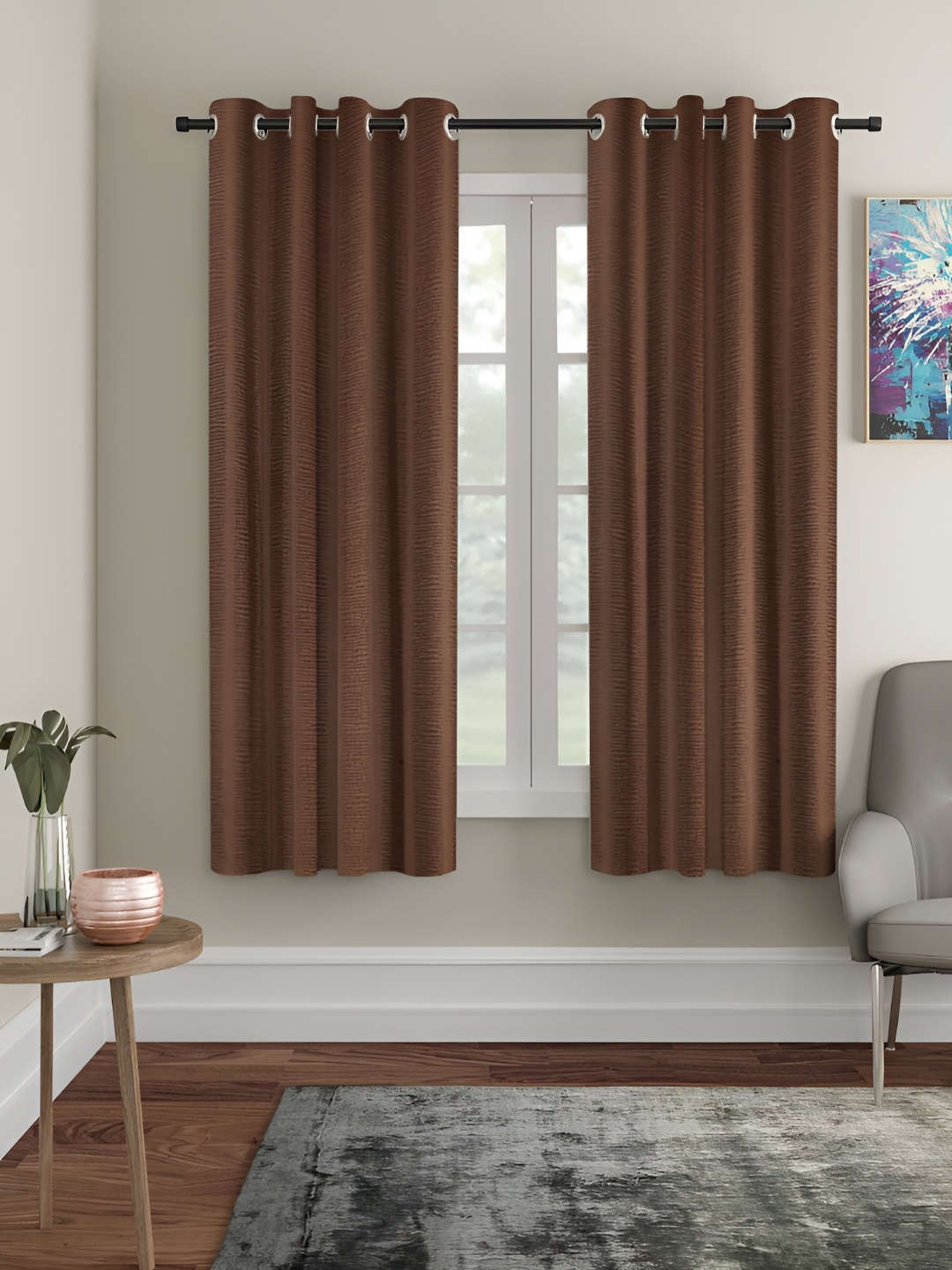 

HOSTA HOMES Coffee Brown 2 Pieces Self Design Black Out Window Curtains