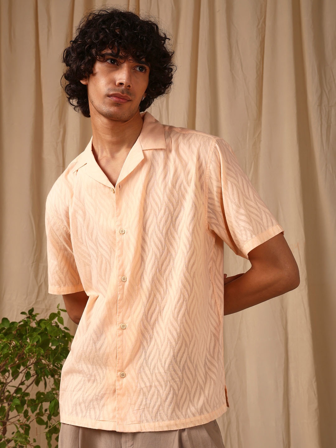 

4 TRIPLE O FIVE O BY MUFTI Cuban Collar Opaque Cotton Casual Shirt, Peach