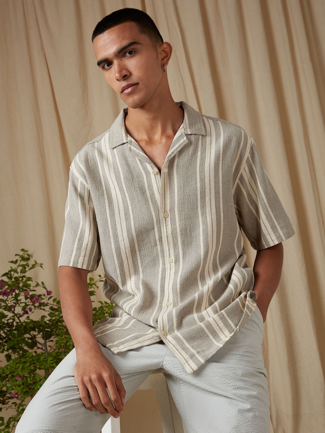

4 TRIPLE O FIVE O BY MUFTI Stripe Loose Fit Cotton Casual Shirt, Olive