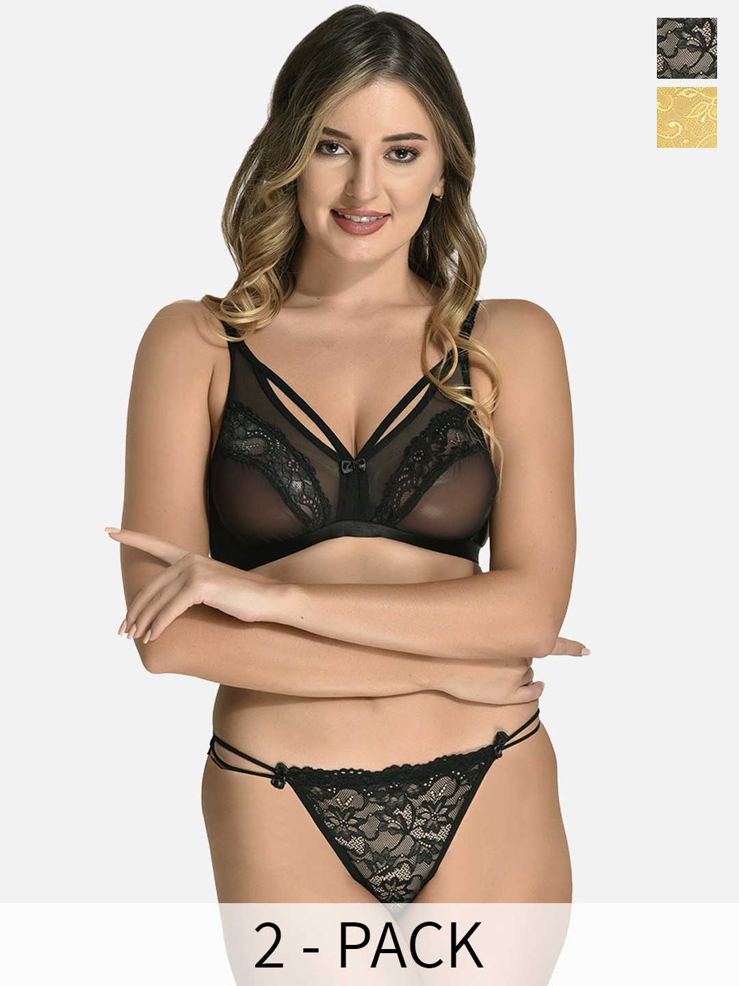 

StyFun Pack of 2 Non Padded Lingerie Set VM_Set_Karry_Black_Iten_Yellow_B