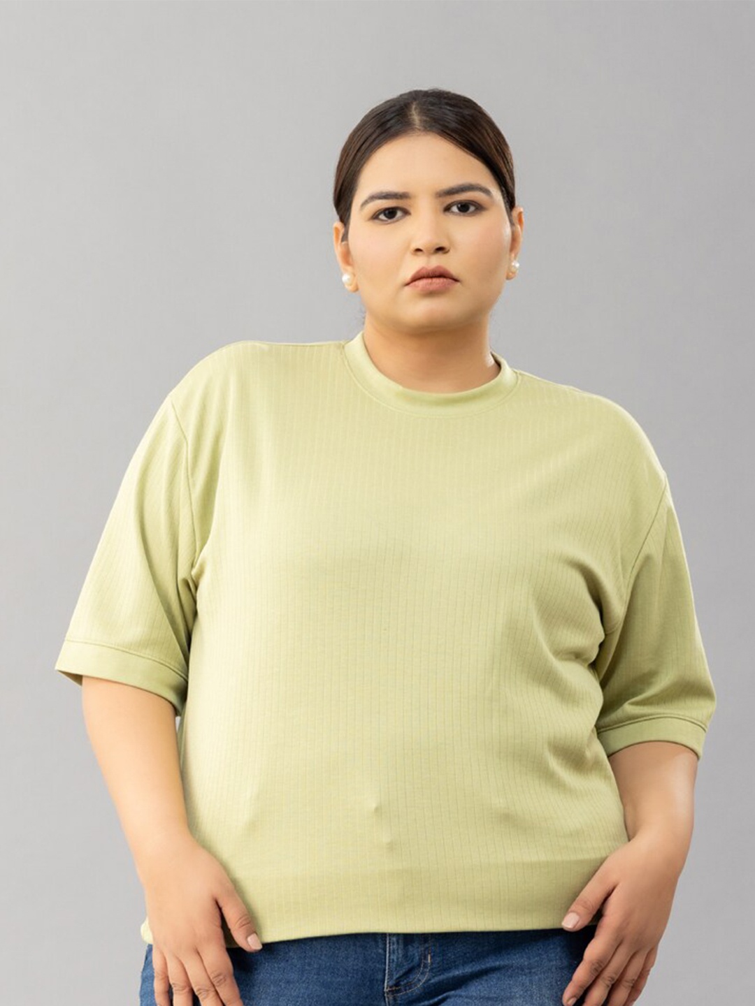 

CUPID Plus Size Drop-Shoulder Sleeves Cotton Relaxed Fit T-shirt, Green