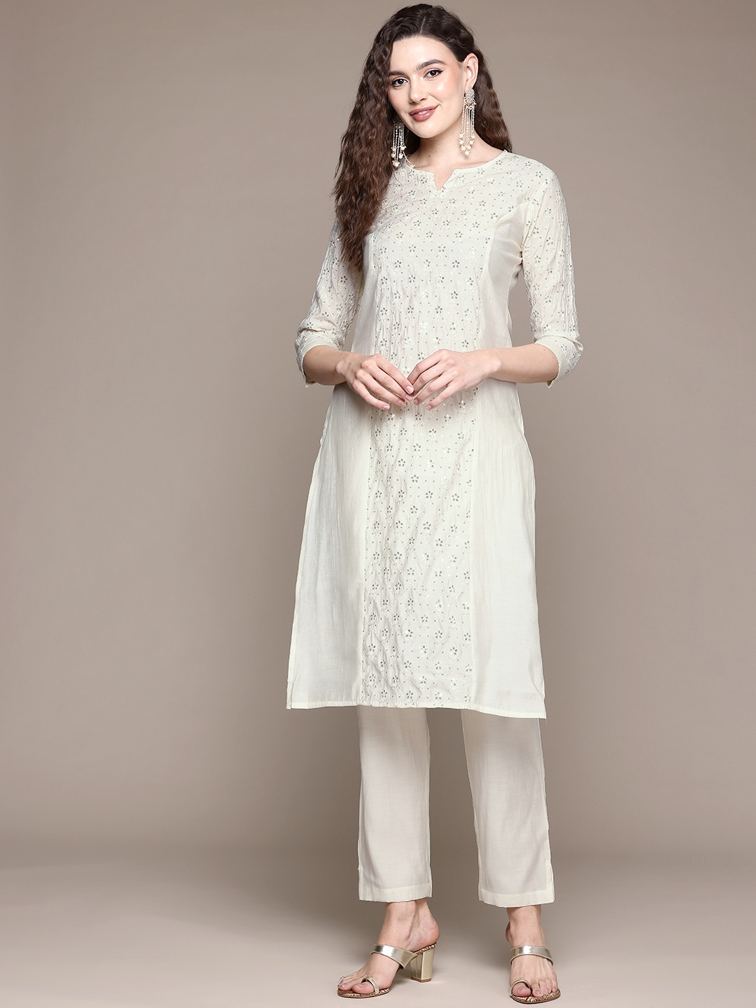 

Readiprint Women Floral Embroidered Regular Sequinned Pure Silk Kurta with Palazzos, White