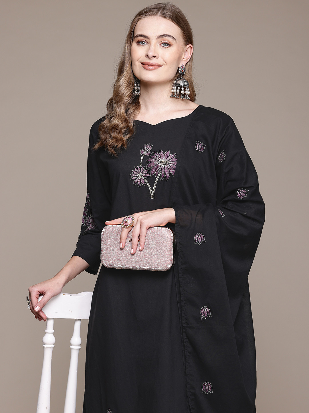 

Readiprint Fashions Women Floral Embroidered Cotton Kurta with Trousers & With Dupatta, Black
