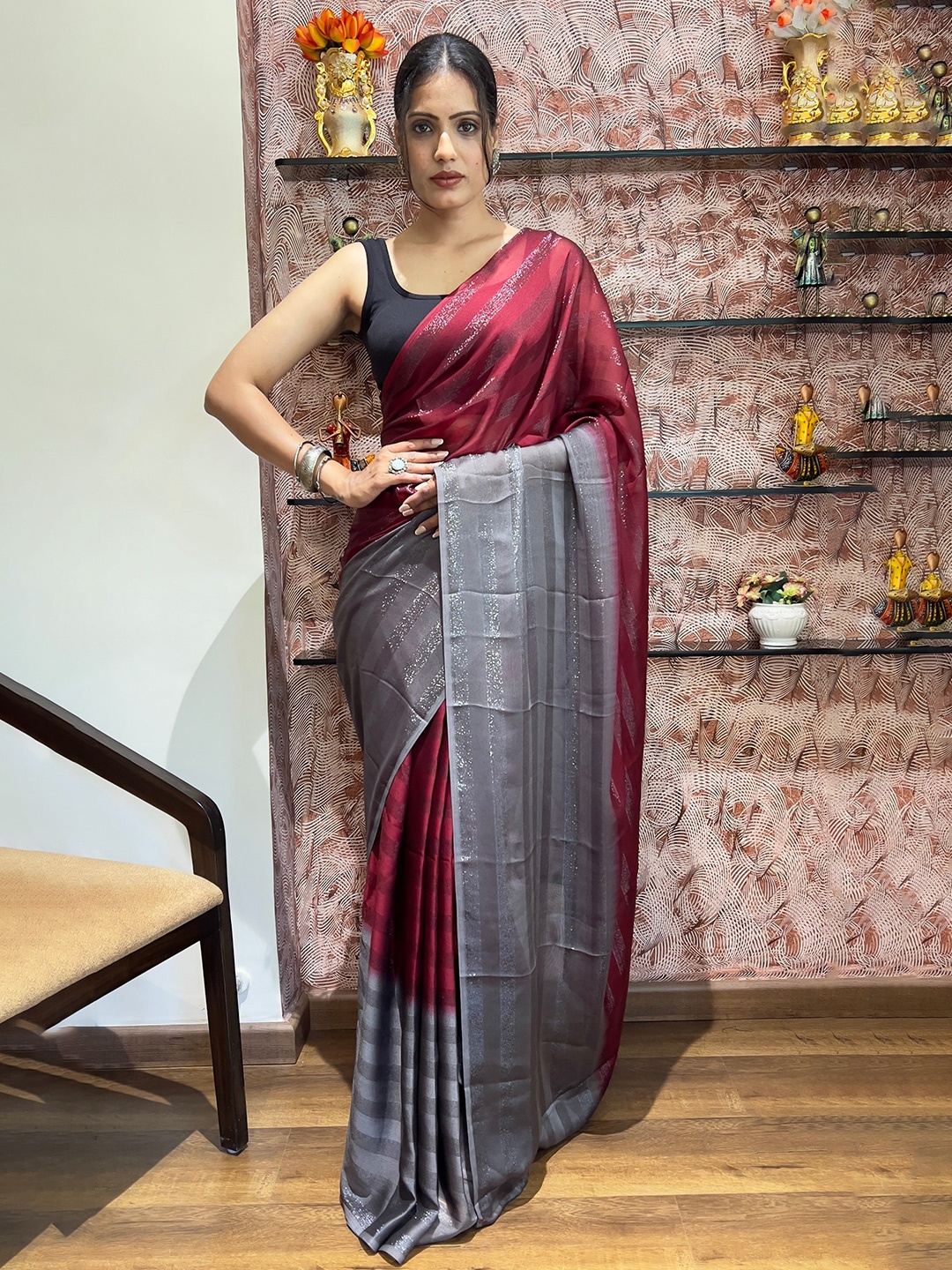 

Reeta Fashion Striped Ready to Wear Saree, Maroon