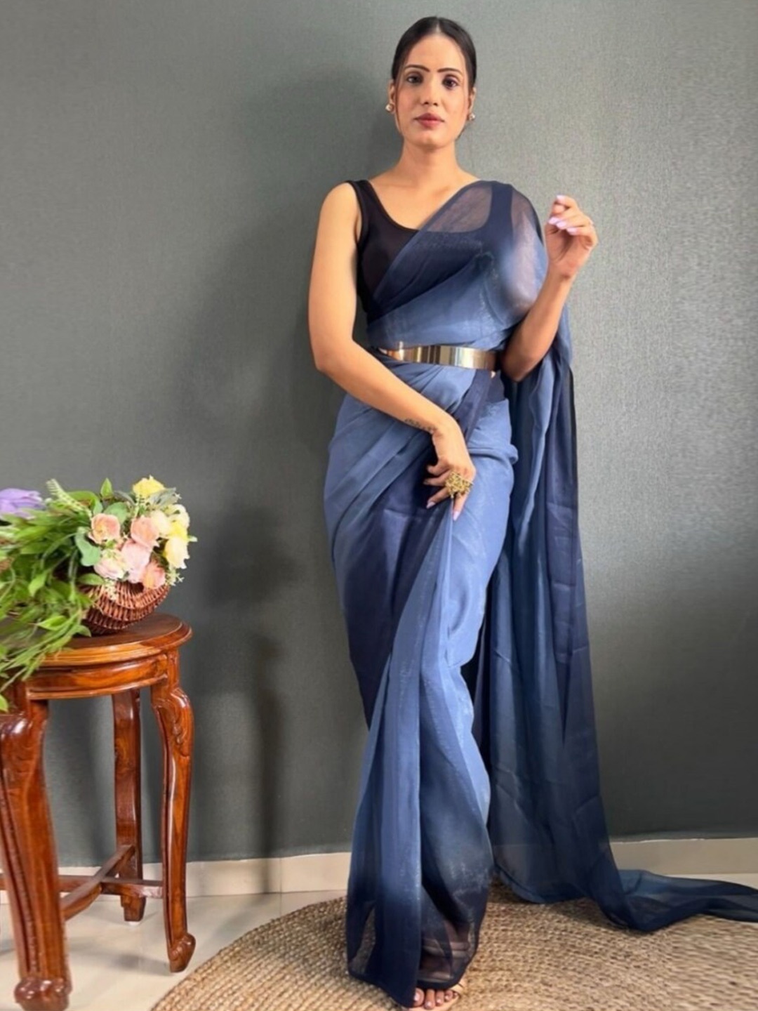 

Reeta Fashion Ombre Organza Ready to Wear Saree, Navy blue