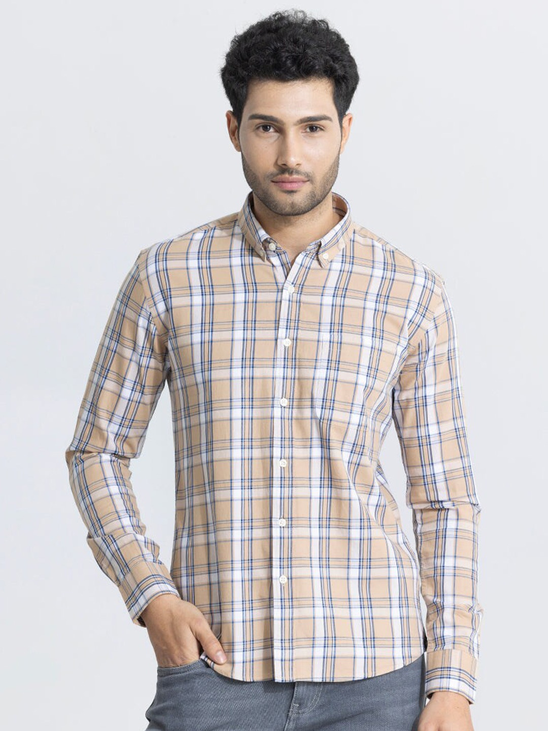 

Snitch Classic Slim Fit Tartan Checked Casual Shirt, Beige