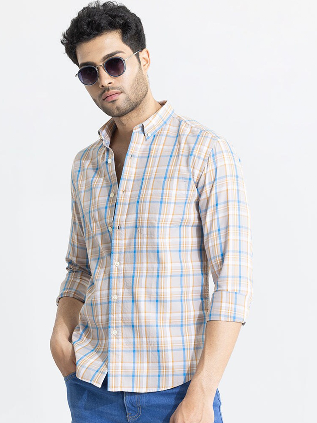 

Snitch Classic Slim Fit Checked Casual Shirt, Beige