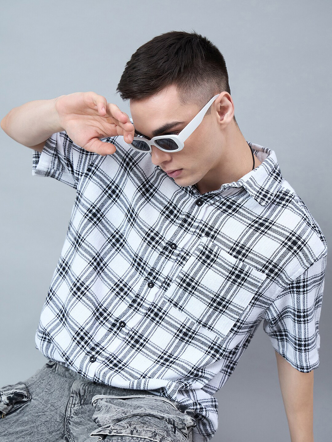 

CHIMPAAANZEE Tartan Checked Drop-Shoulder Sleeves Oversized Shirt, White
