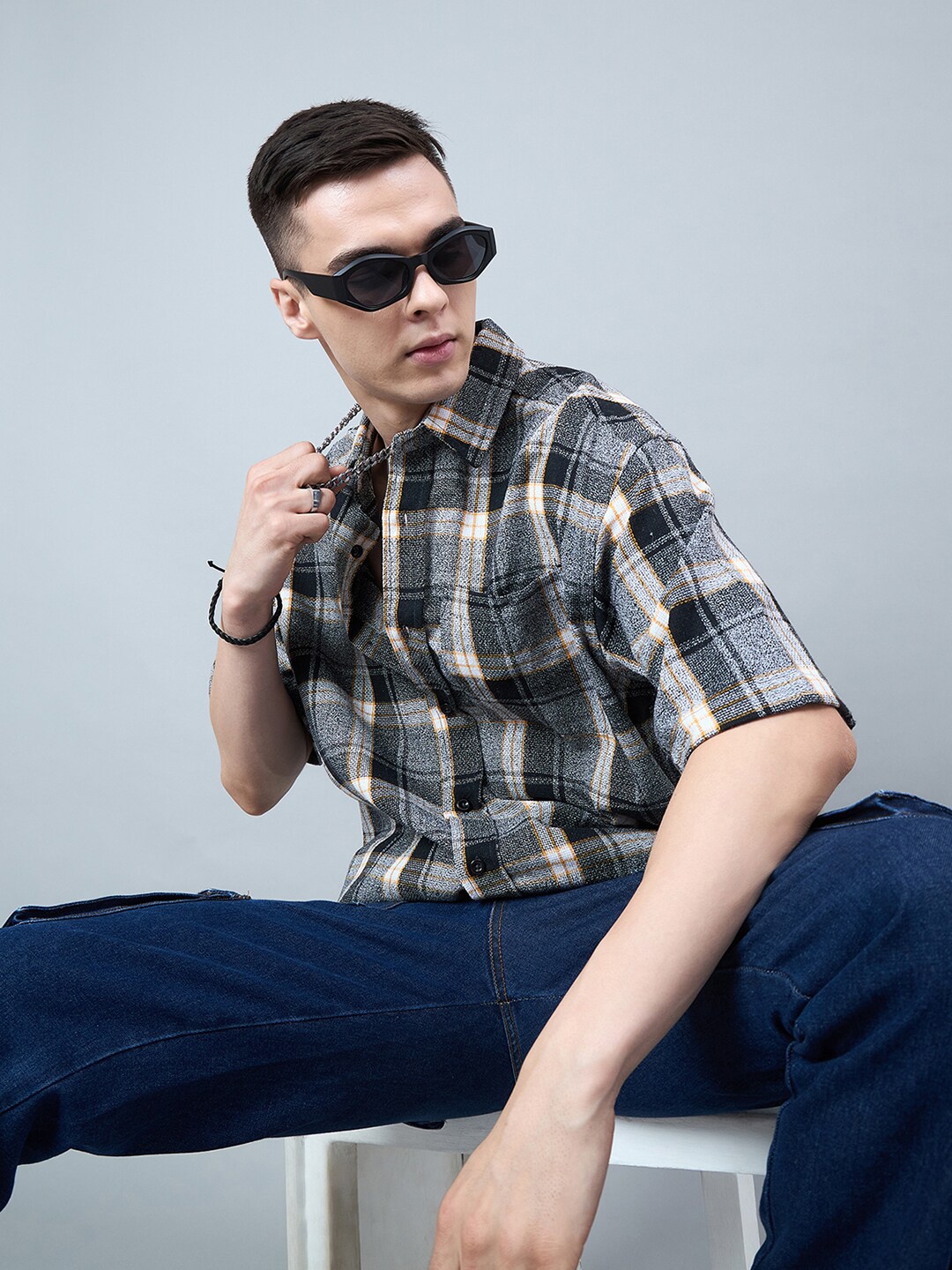 

CHIMPAAANZEE Tartan Checked Drop-Shoulder Sleeves Oversized Shirt, Grey