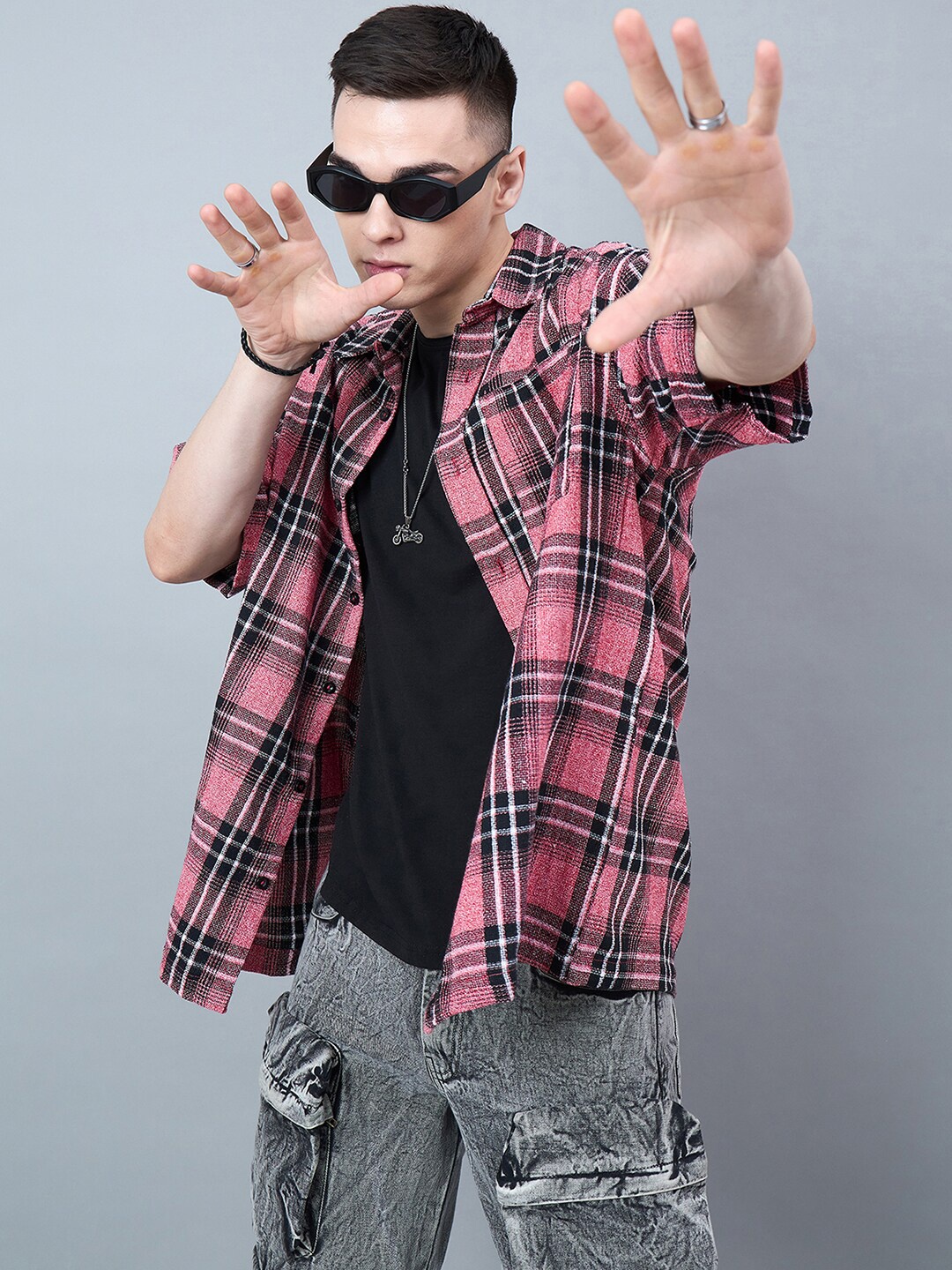 

CHIMPAAANZEE Tartan Checked Drop-Shoulder Sleeves Oversized Shirt, Red