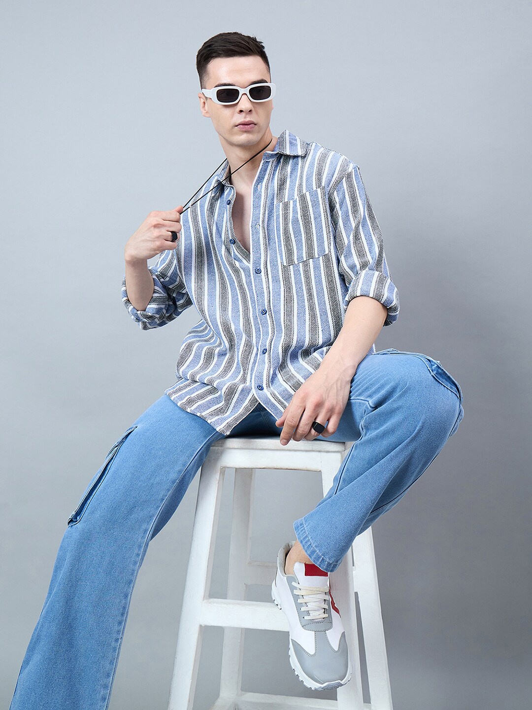 

CHIMPAAANZEE Striped Drop-Shoulder Sleeves Oversized Shirt, Blue