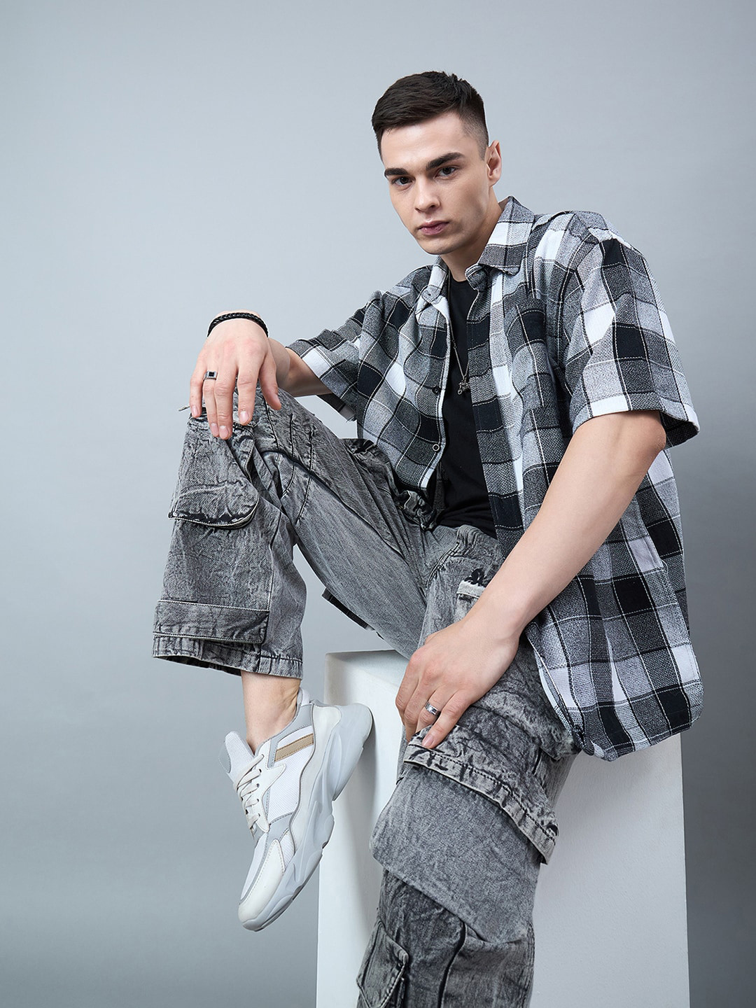 

CHIMPAAANZEE Tartan Checked Drop-Shoulder Sleeves Oversized Shirt, Black