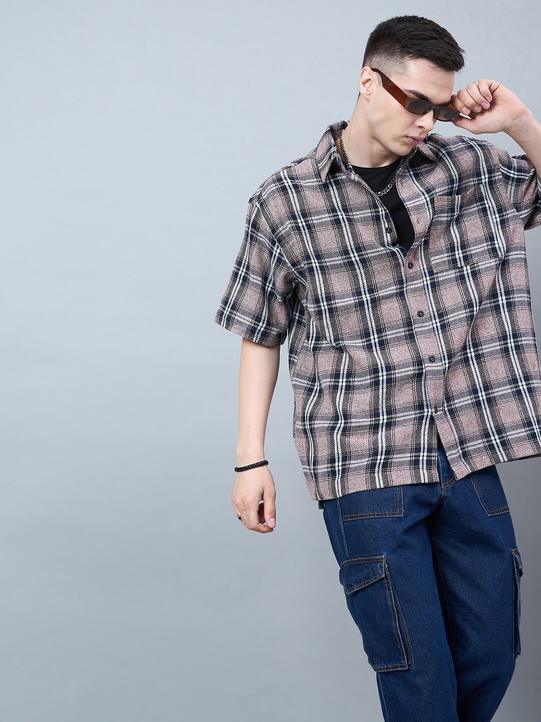 

CHIMPAAANZEE Tartan Checked Drop-Shoulder Sleeves Oversized Shirt, Brown