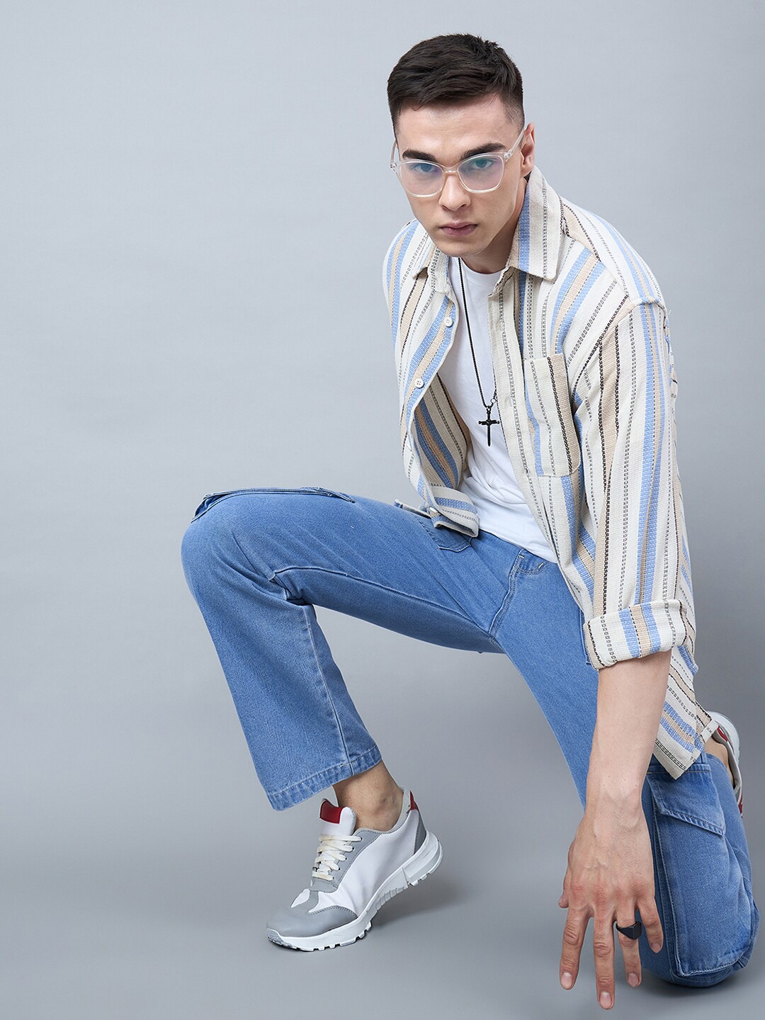 

CHIMPAAANZEE Striped Drop-Shoulder Sleeves Oversized Shirt, Beige