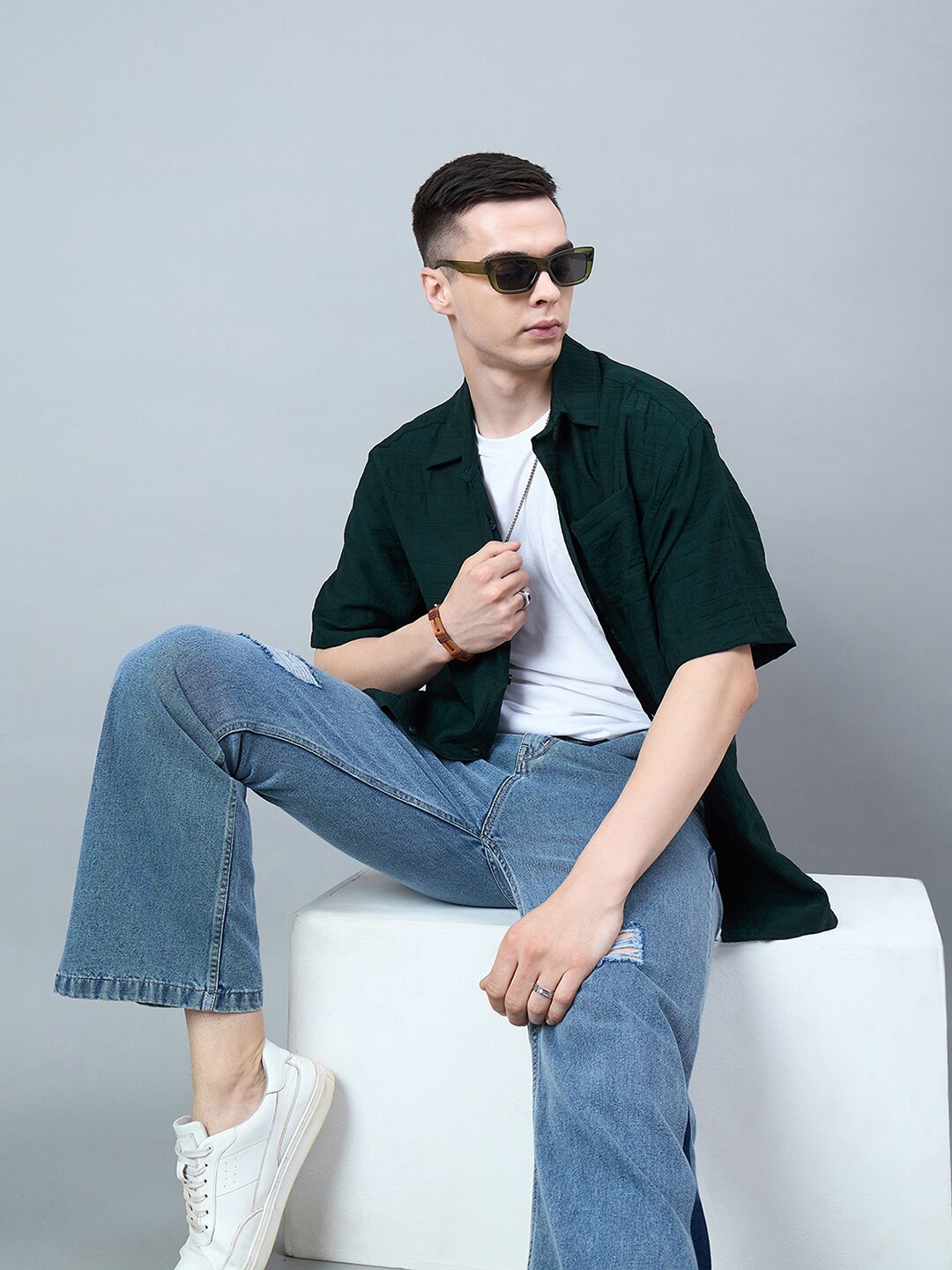 

CHIMPAAANZEE Checked Drop-Shoulder Sleeves Oversized Shirt, Green