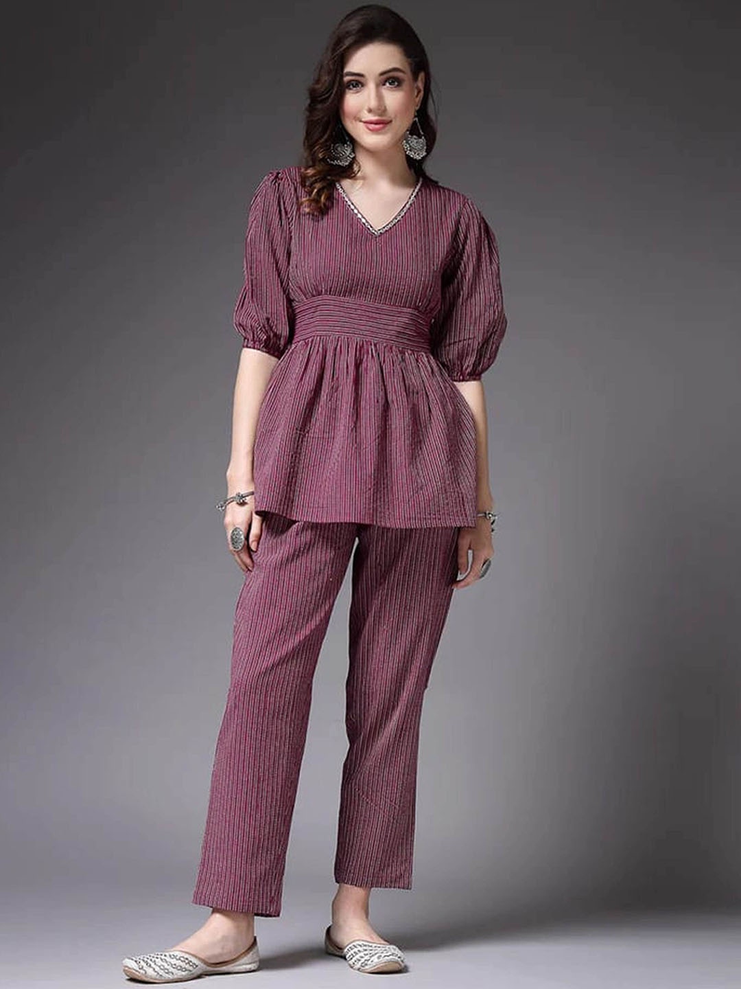 

ORUVAN Printed V-Neck Puff Sleeves Pure Cotton Top With Trousers, Maroon
