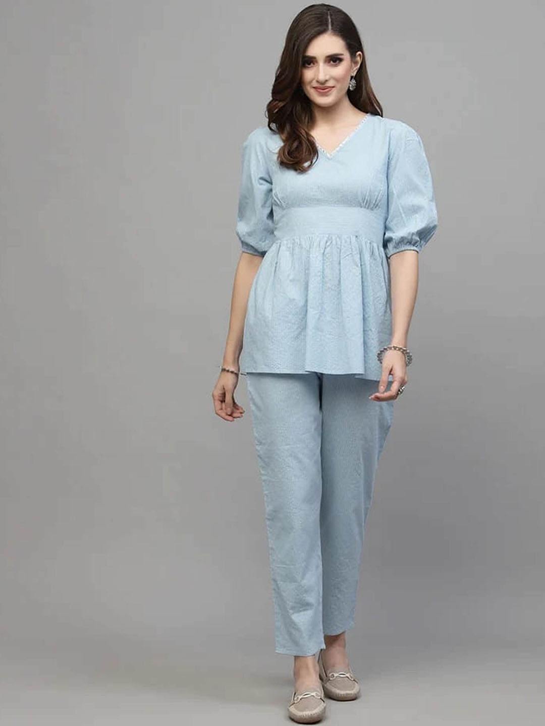 

ORUVAN Printed V-Neck Puff Sleeves Pure Cotton Top With Trousers, Blue