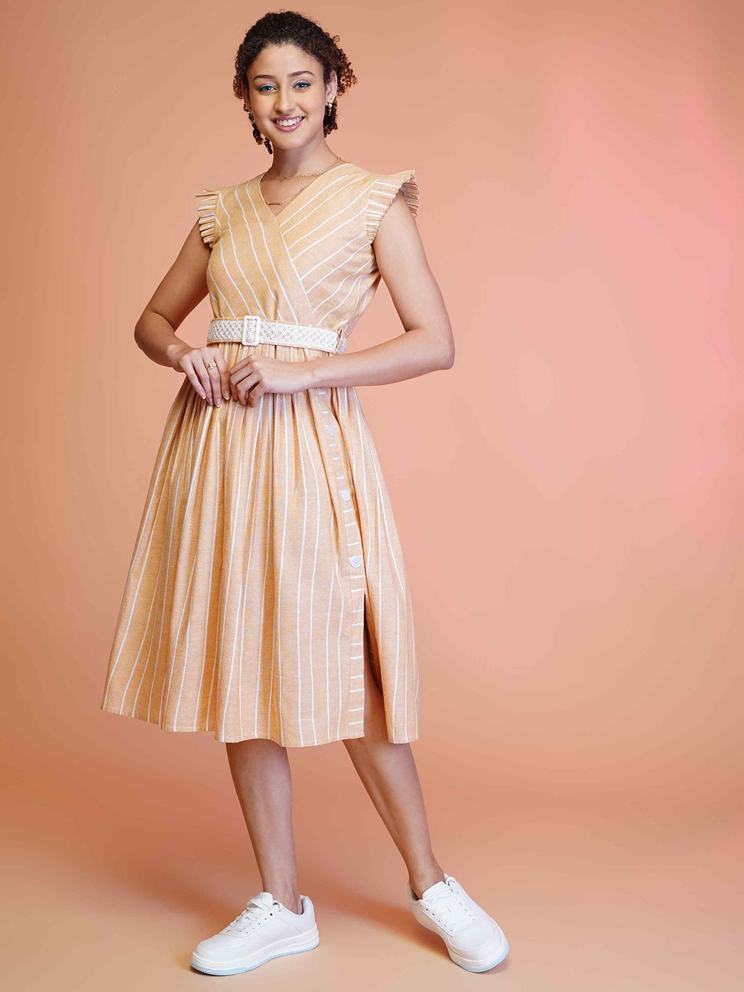 

TextileNow Striped Cotton Flutter Sleeves Fit & Flare Midi Dress With Embroidered Belt, Orange