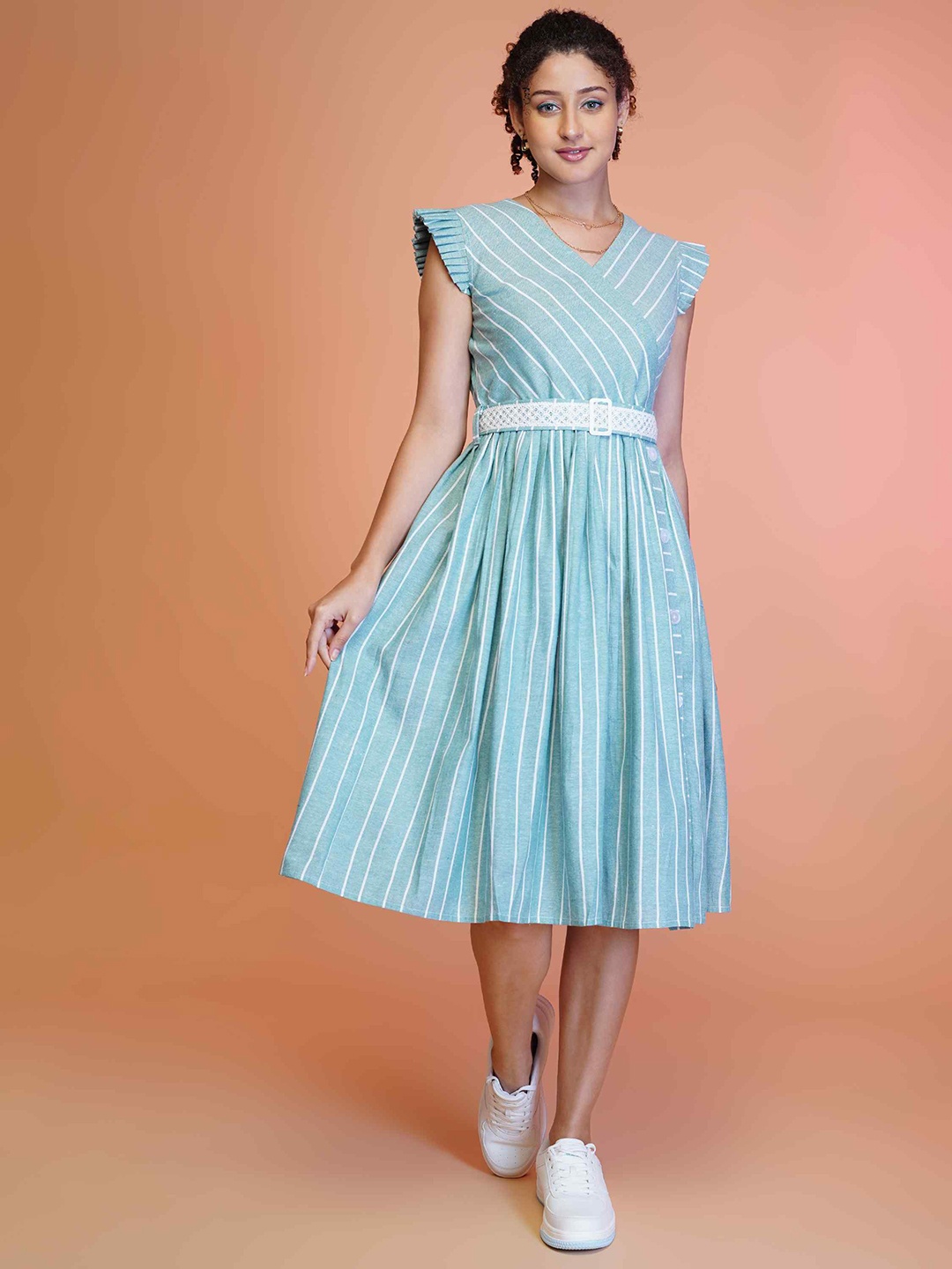 

TextileNow Striped Cotton Flutter Sleeve Fit & Flare Dress With Embroidered Belt, Green