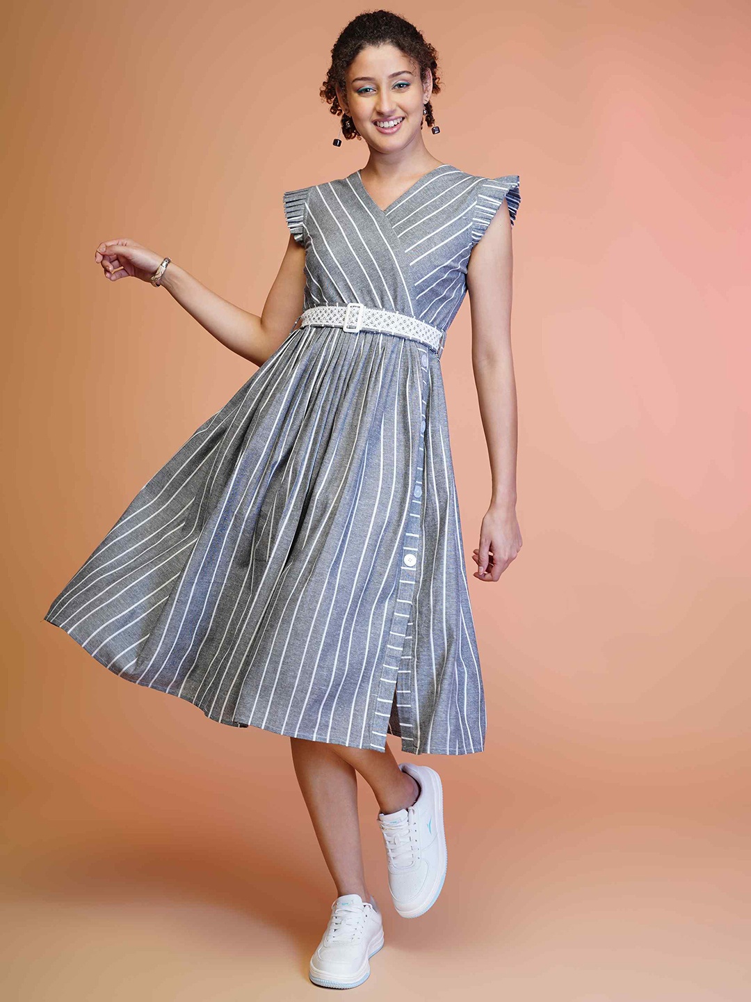 

TextileNow Striped Cotton Flutter Sleeve Fit & Flare Dress With Embroidered Belt, Grey