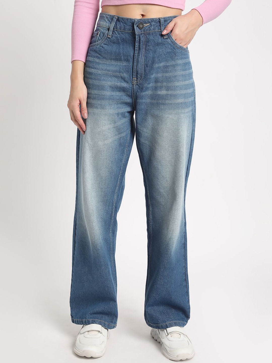 

Bene Kleed Women Straight Fit High-Rise Heavy Fade Pure Cotton Jeans, Blue