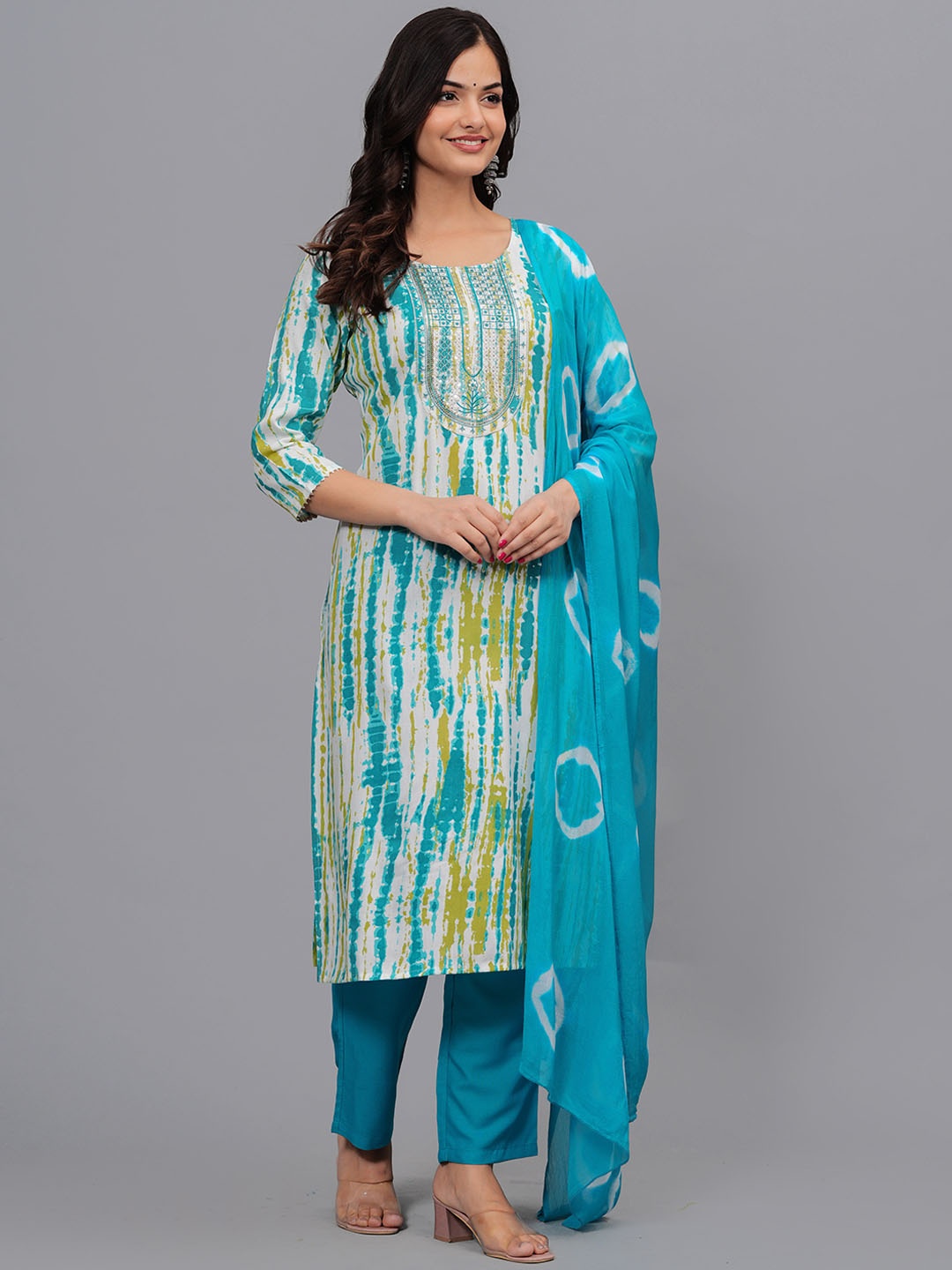 

ANJAYA Ethnic Motifs Dyed Regular Sequinned Kurta With Trousers & Dupatta, Blue