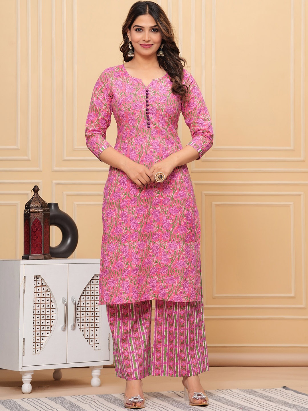 

ANJAYA Floral Printed Regular Pure Cotton Kurta With Palazzos, Pink