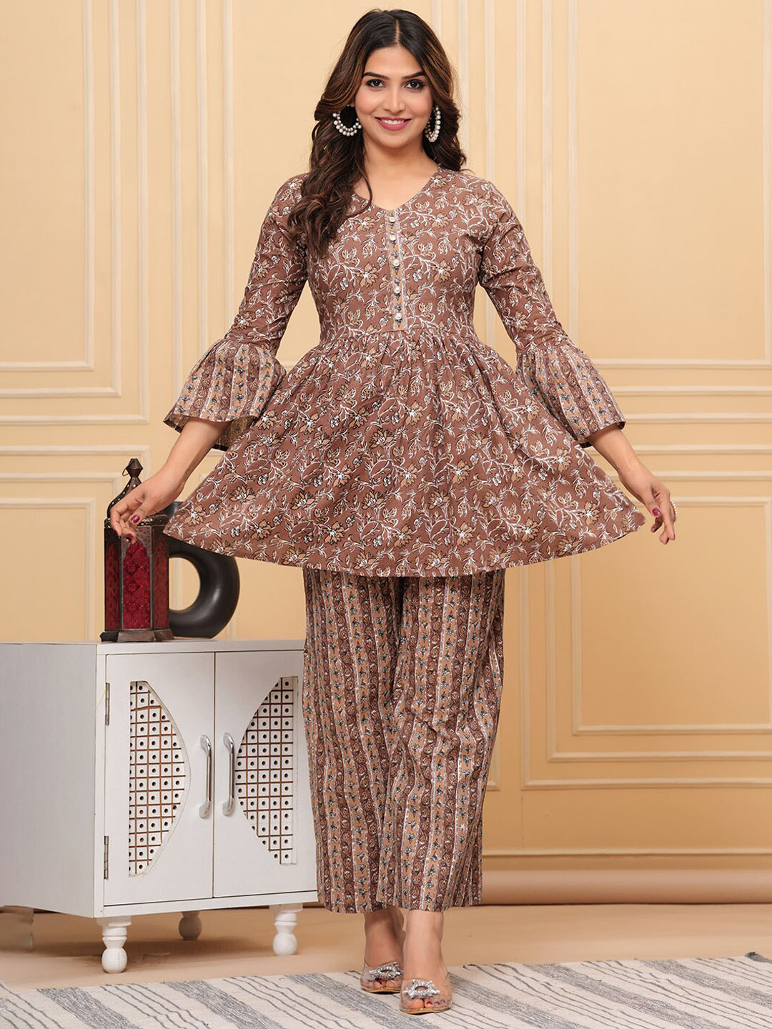 

ANJAYA Floral Printed Regular Pure Cotton Kurti With Palazzos, Brown