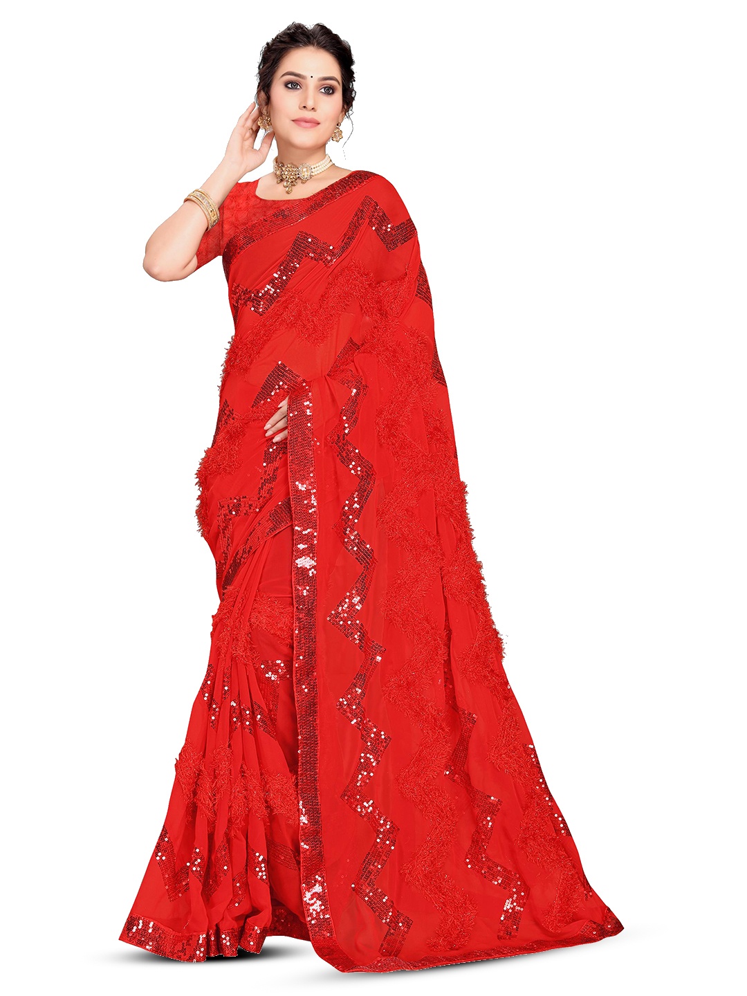 

ALAGINI Embellished Sequinned Pure Georgette Chanderi Saree, Red