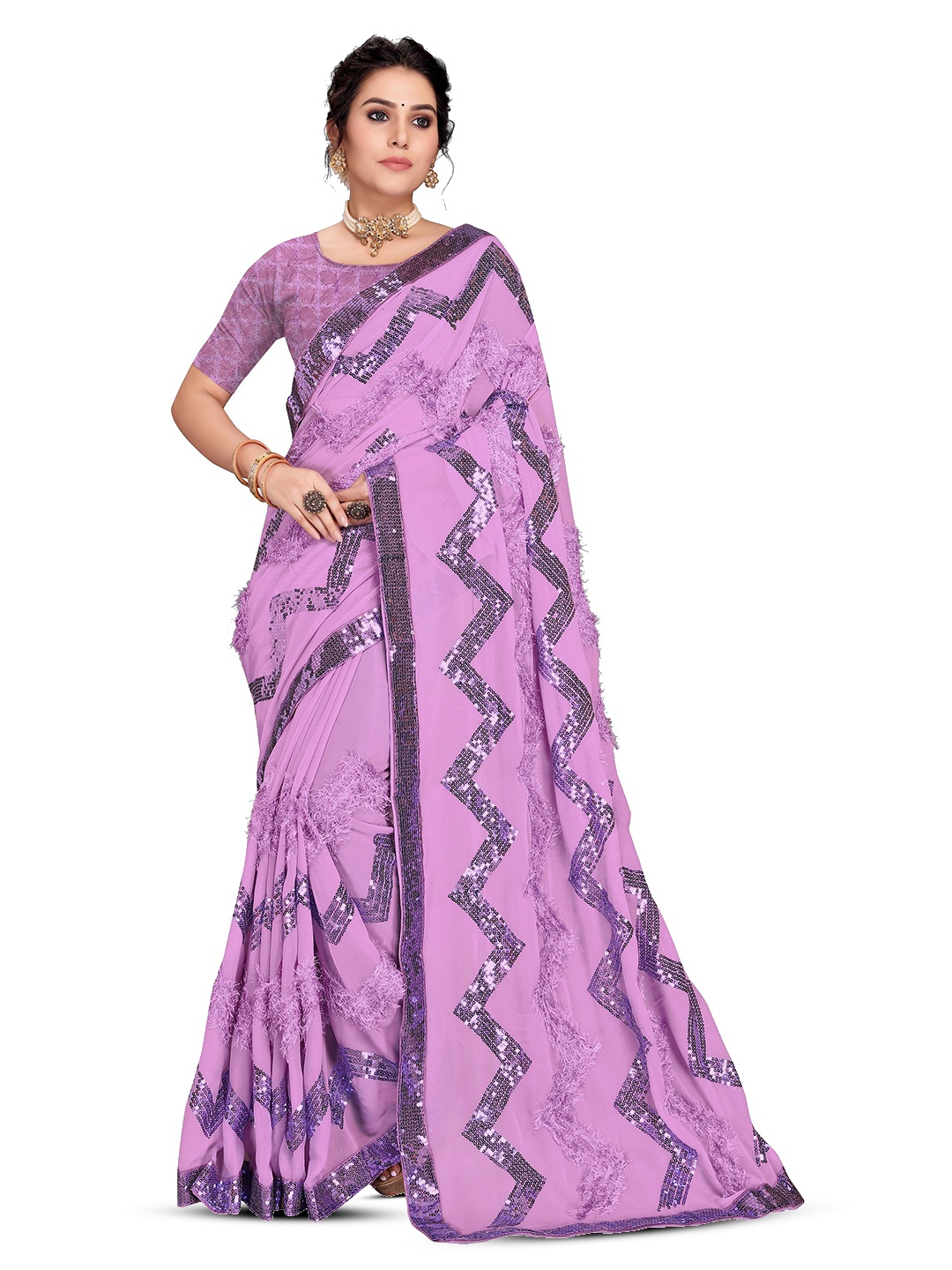 

ALAGINI Embellished Sequinned Pure Georgette Saree, Purple