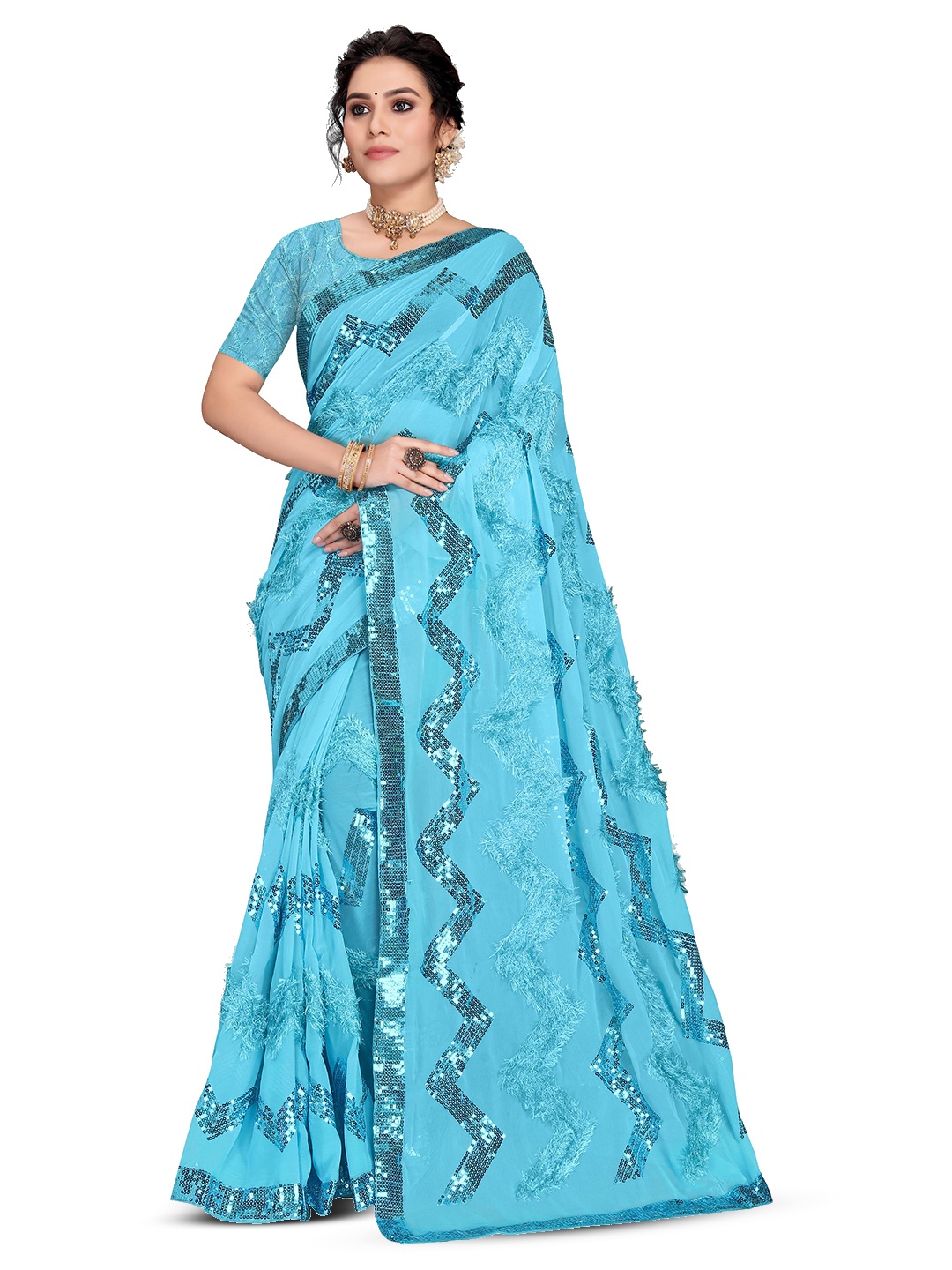 

ALAGINI Embellished Sequinned Pure Georgette Ready to Wear Saree, Blue