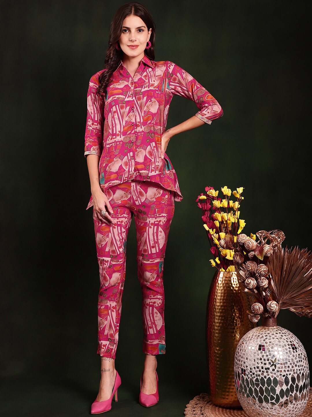 

Claura Pink Printed Shirt Collar Shirt & Trousers