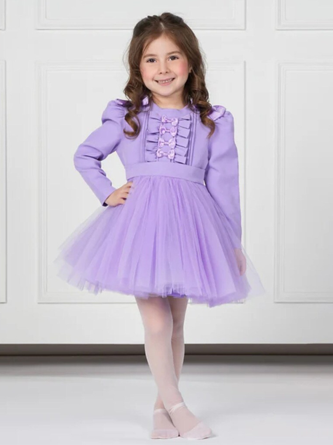 

THE PONY & PEONY CO. Girls Puff Sleeves Cotton Fit & Flare Dress, Purple